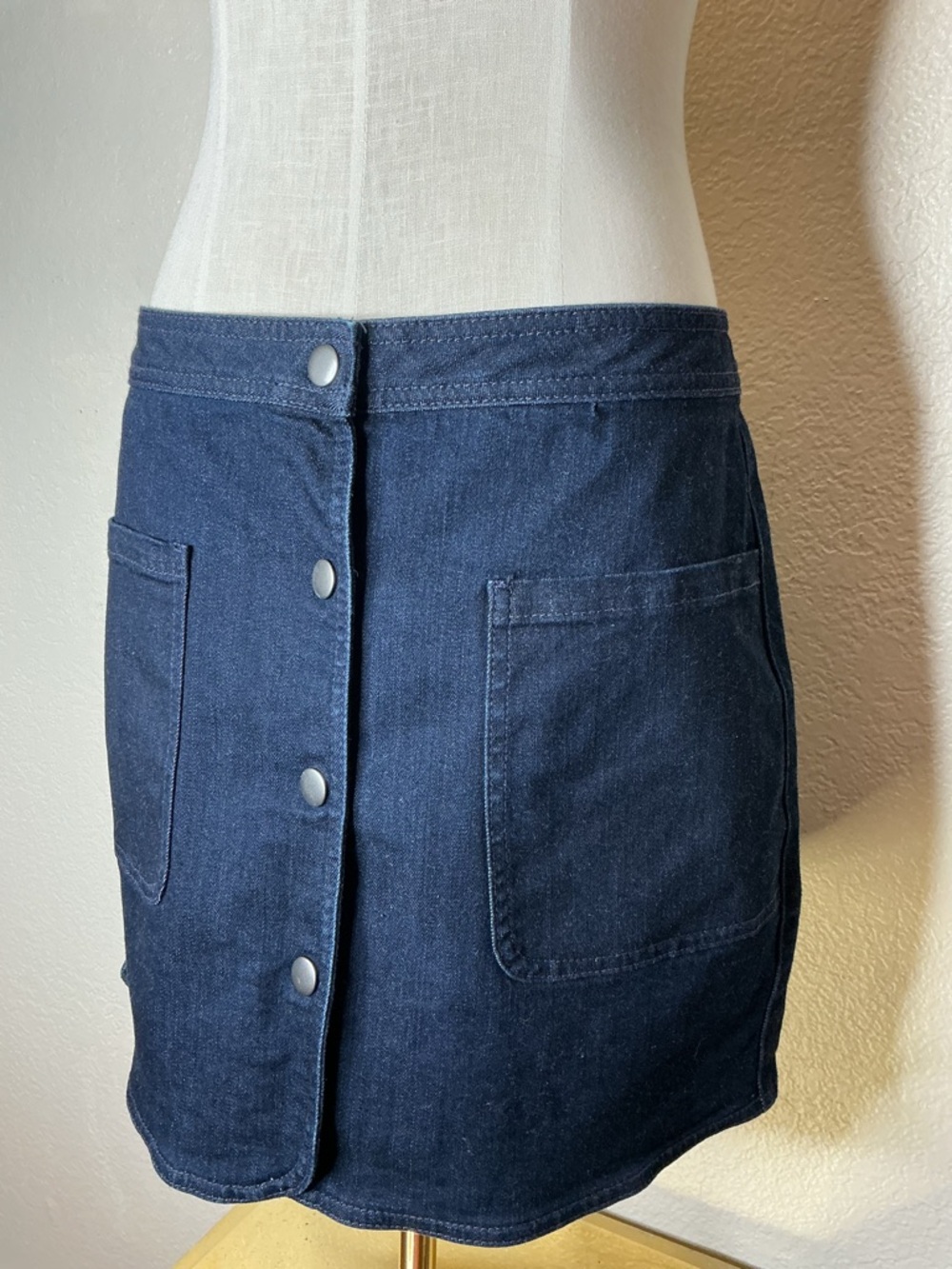 hinge Navy Button-Front Denim Mini Skirt with Patch Pockets